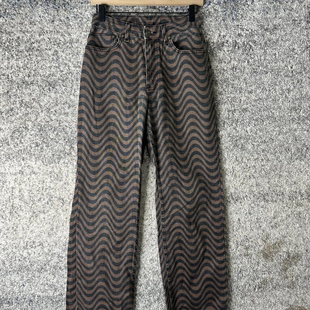 Ragged Jeans Denim Pants Womens‎ 26 Brown Black Wavy Stripe Print Straight Leg